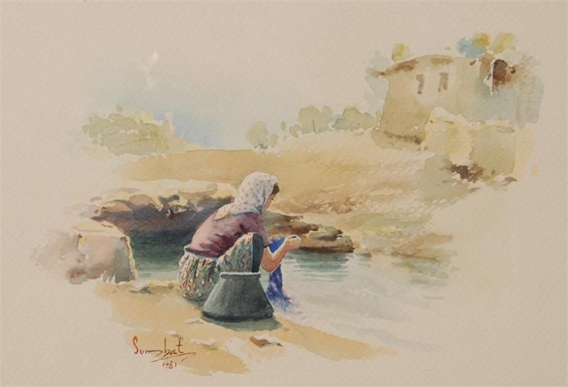 Woman Washing in Village Stream, Iran (Poster)